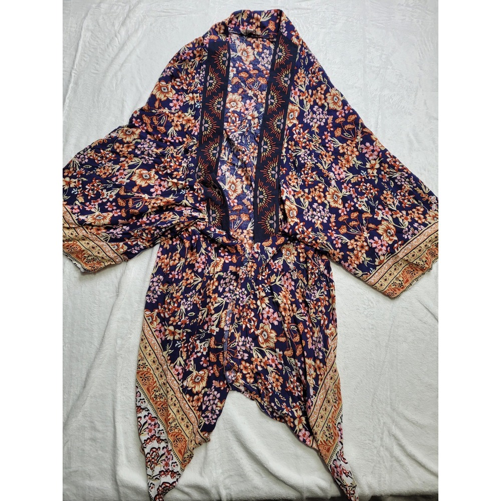 Umgee Floral Kimono Wrap Women S/M Navy Blue Boho Handkerchief Hem